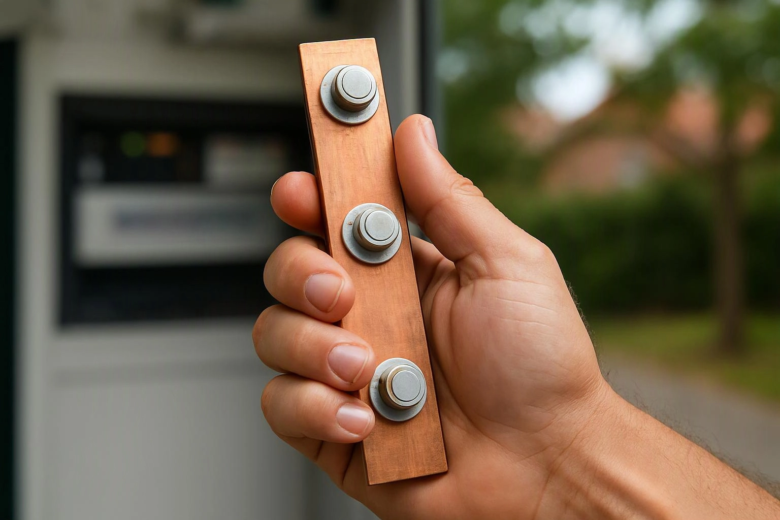 A hand holds a narrow wooden strip with three metal buttons, outdoors near a blurred garage-like doorway