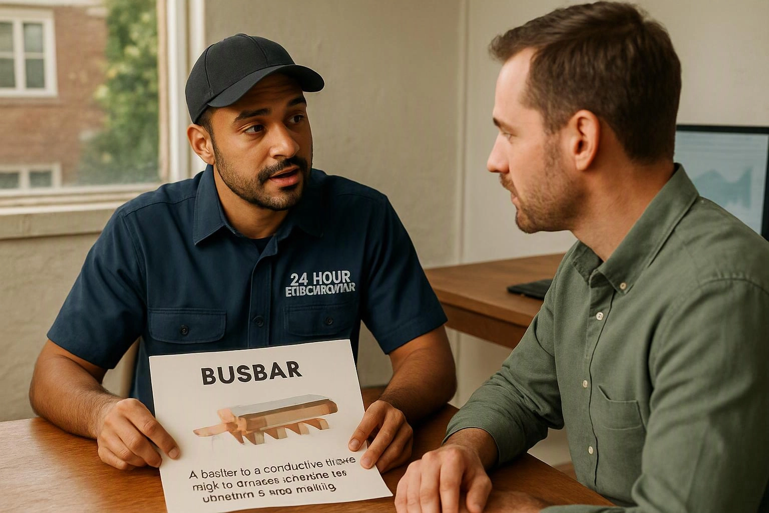 Two men talk at a table, one holding a paper labeled busbar in an office-like room