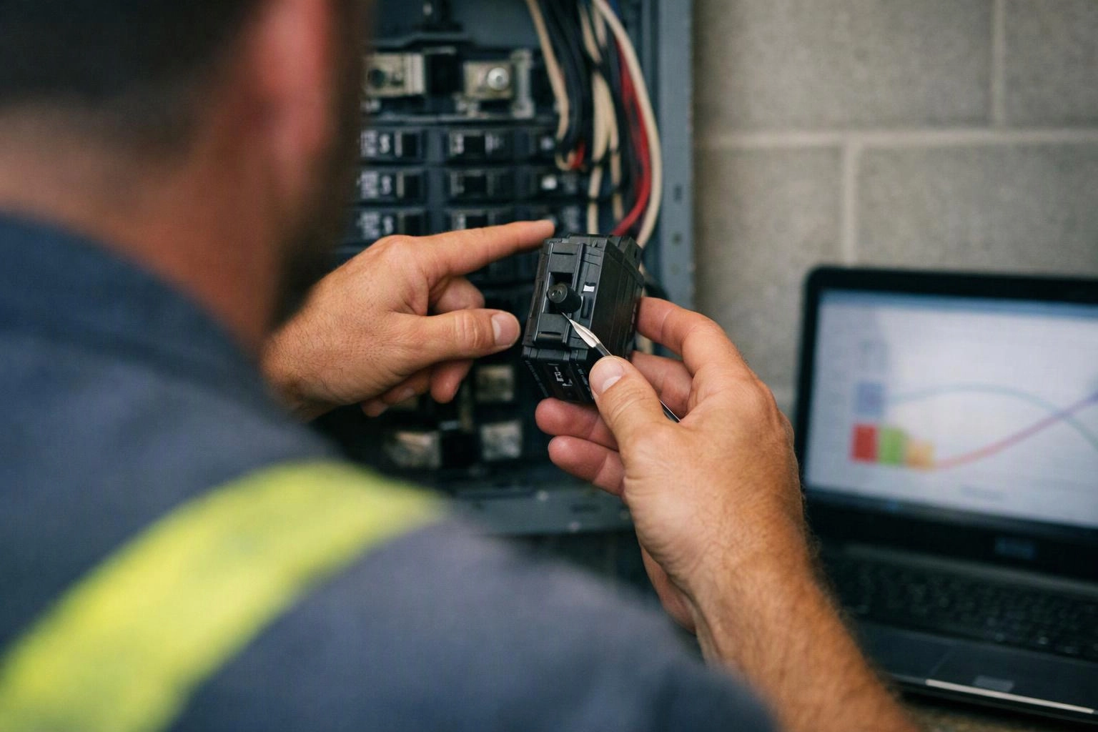 A worker inspects a circuit breaker inside an electrical panel beside a laptop screen