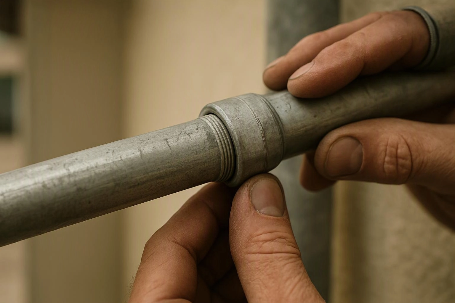 Close-up of hands adjusting a metal pipe connector against a blurred indoor background