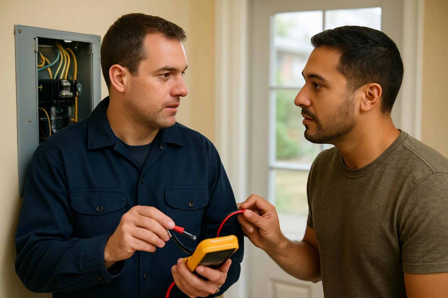 Two men inspect an open electrical panel indoors, one holding a tester while the other watches closely