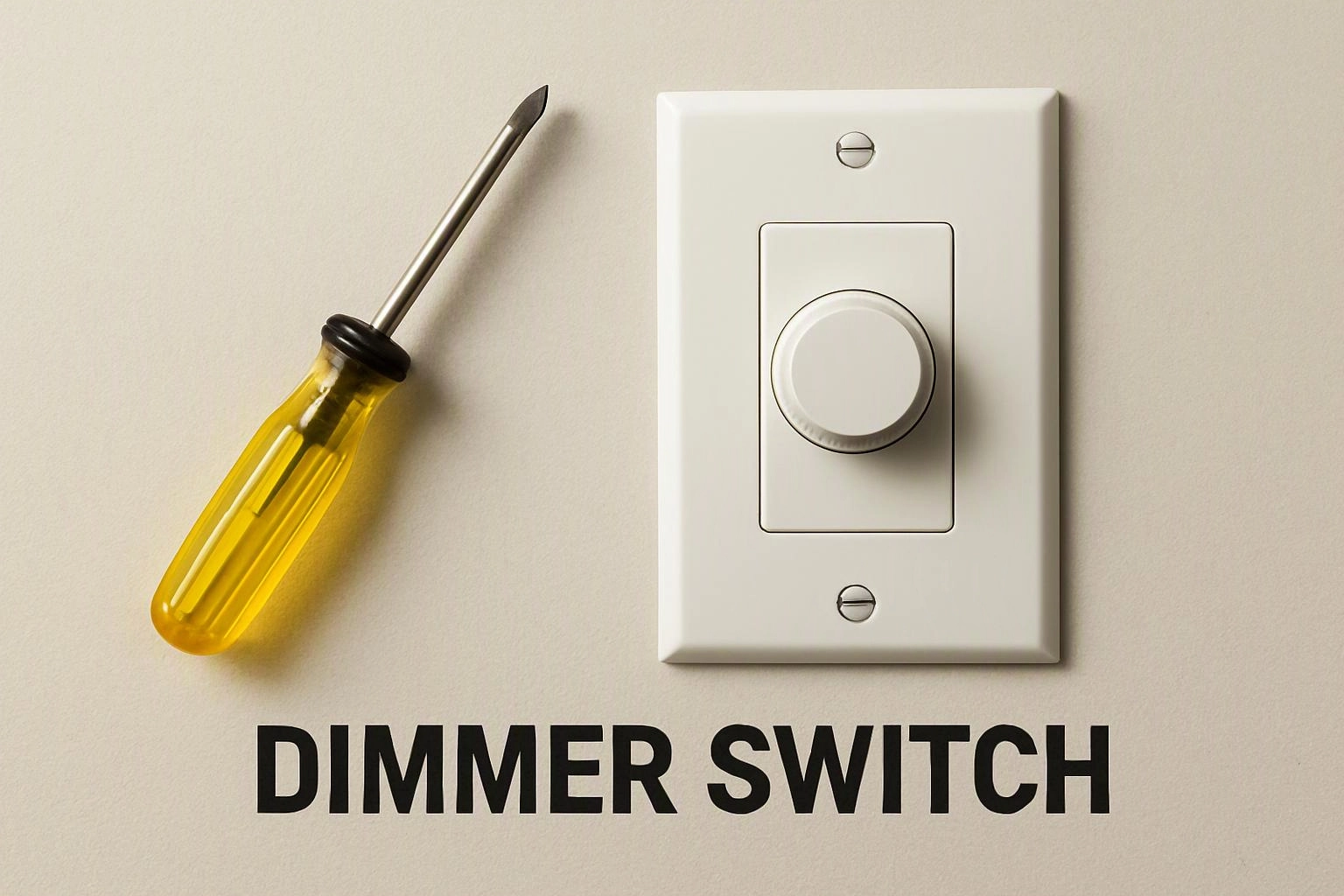 A yellow-handled screwdriver sits beside a white dimmer switch with the words “DIMMER SWITCH” below