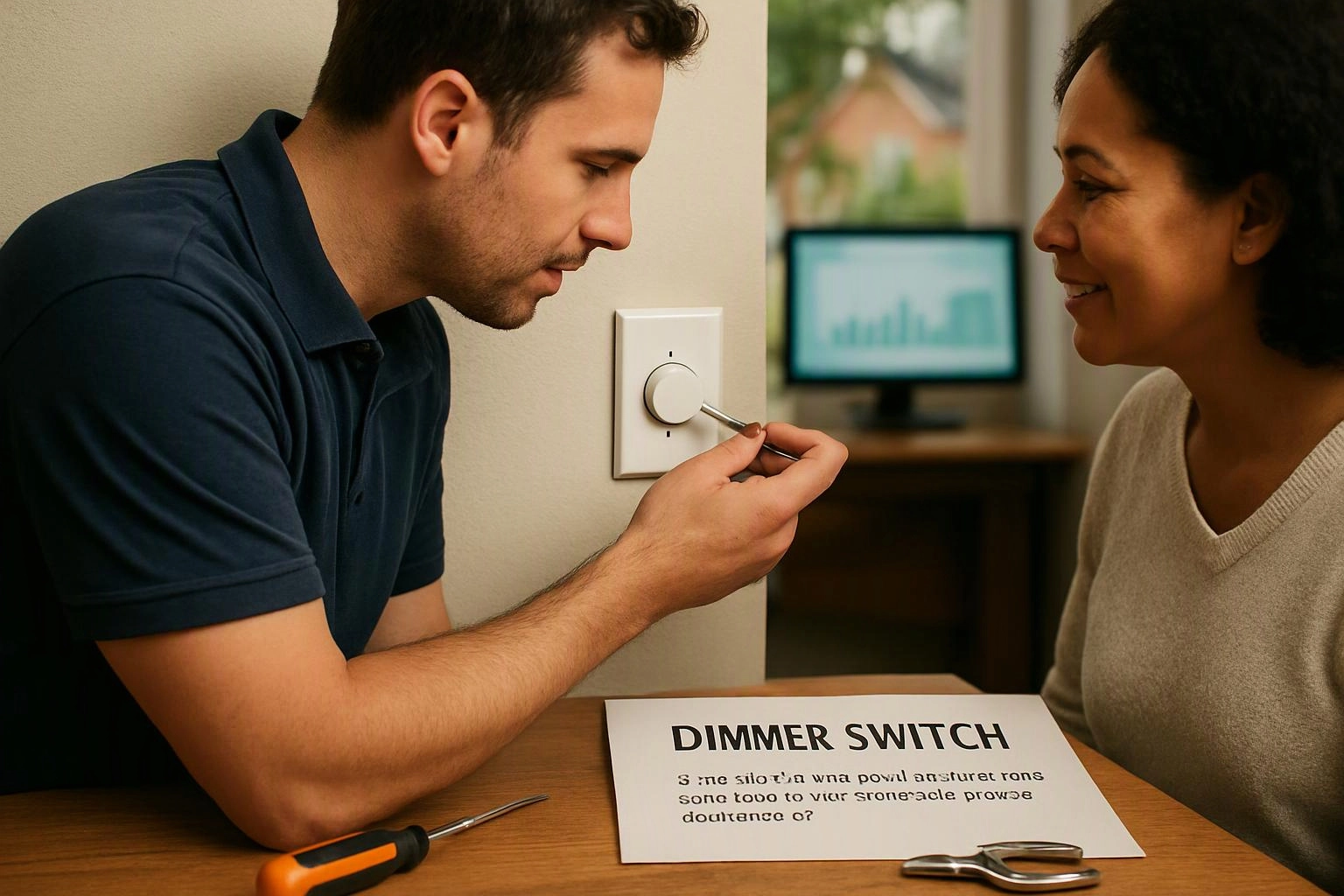 A man adjusts a wall dimmer switch while a woman watches, with a sign on the table and a blurred monitor behind them