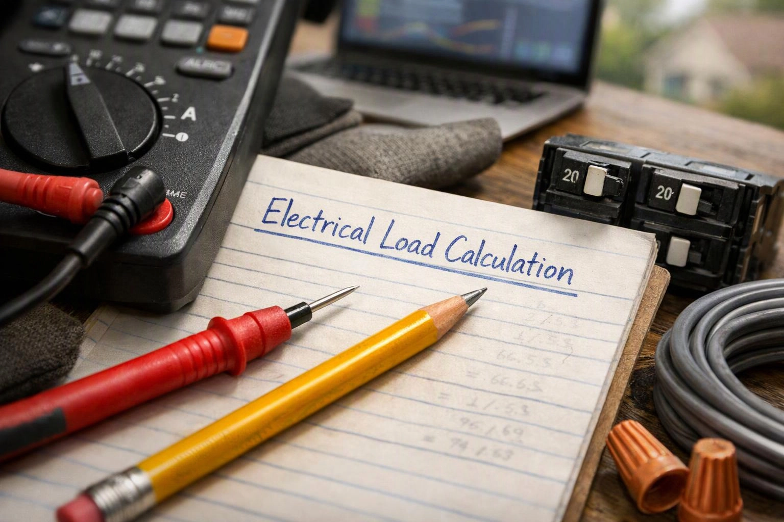 A notebook labeled “Electrical Load Calculation” sits beside a multimeter, pencils, circuit breakers