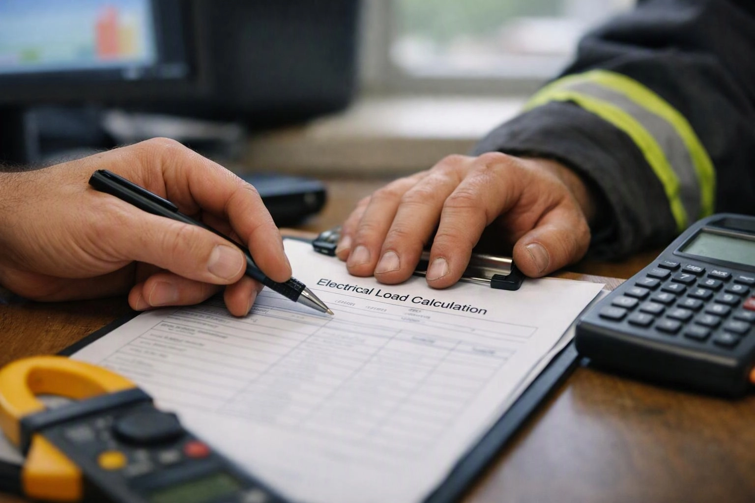 Two hands review an electrical load calculation form on a desk with a calculator and measuring tool