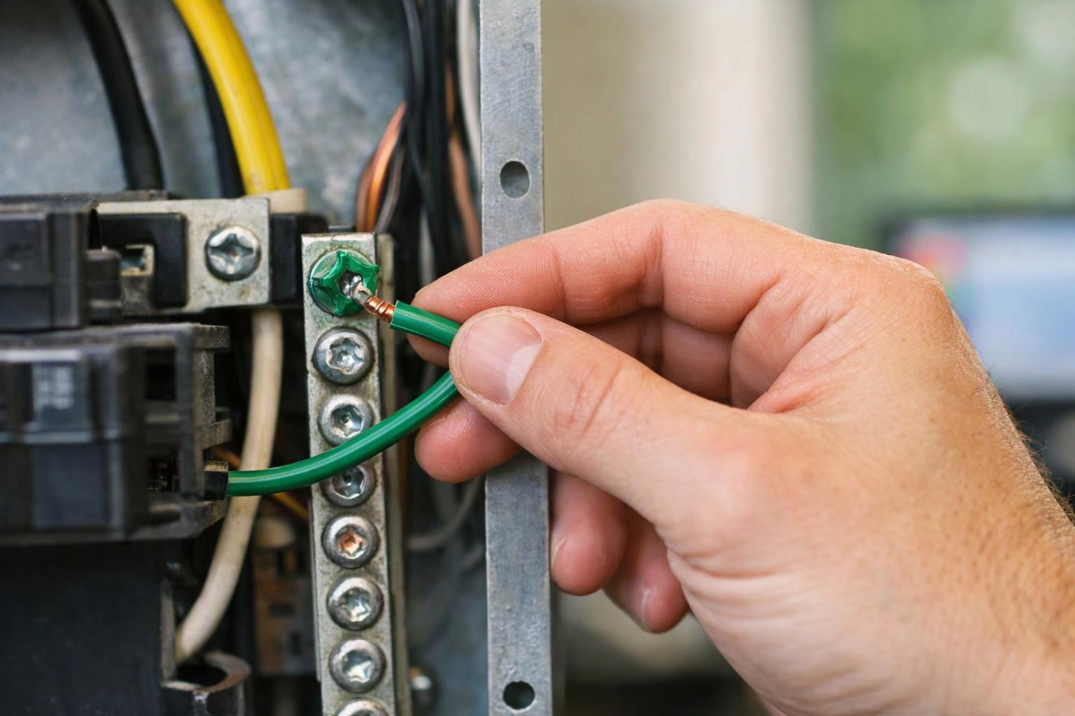 A hand tightens a green wire inside an open electrical panel
