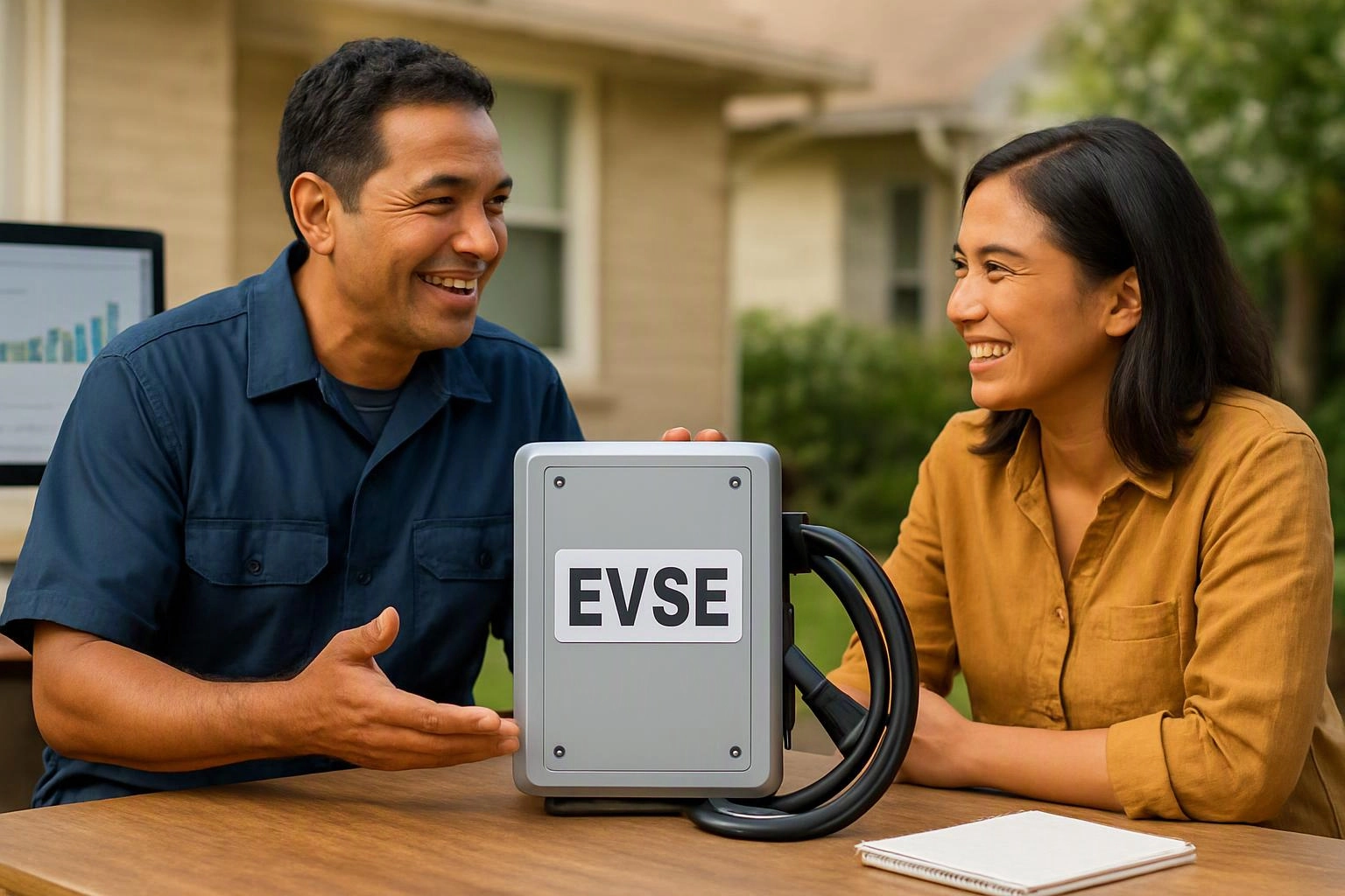 Two smiling people sit at a table beside a gray EVSE charger with a coiled cable outside a house