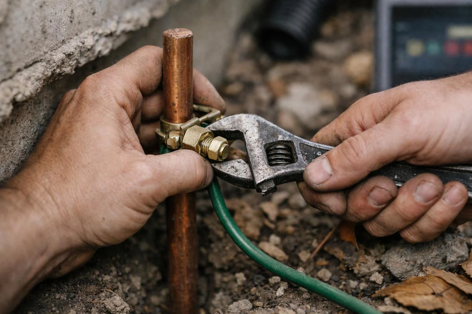 Hands tighten a wrench on a copper grounding rod beside rocky soil and a green wire