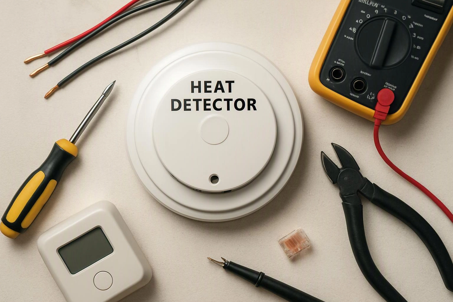 A smoke detector sits among tools, wires, a multimeter, and pliers on a light tabletop