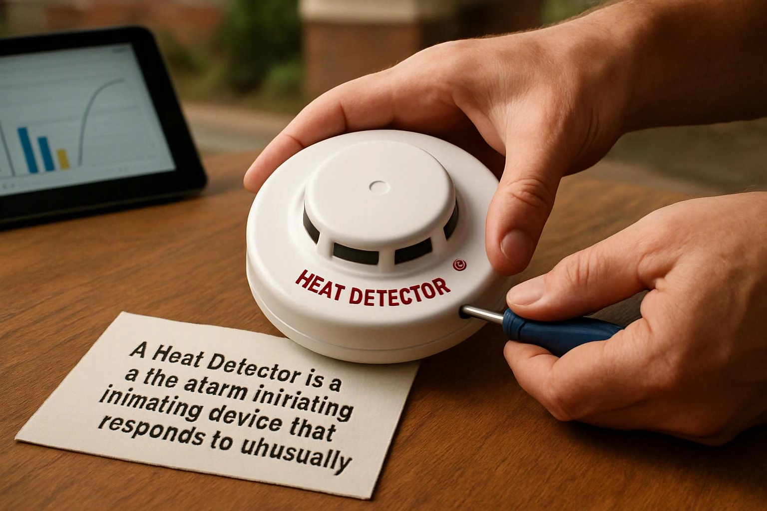 Hands adjust a white heat detector on a wooden table beside a card and a small screen with charts