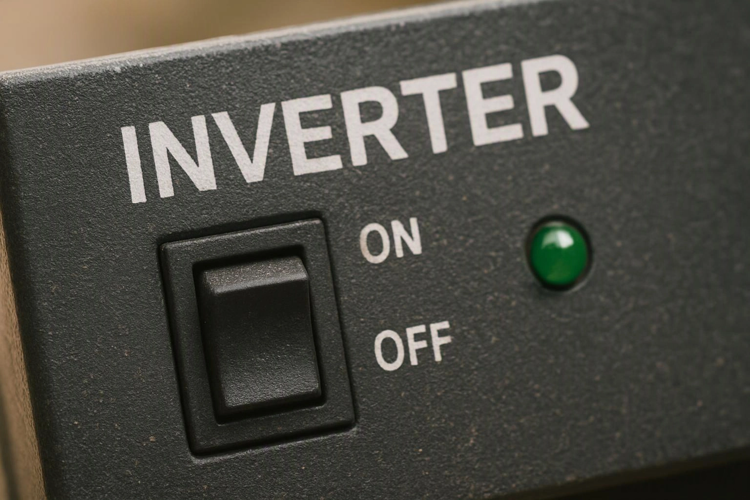 Close-up of a black inverter panel with an on-off switch and a green indicator light