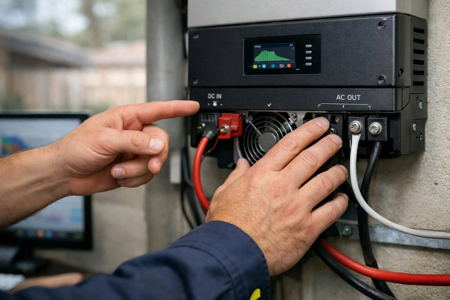 Hands adjust wires on a wall-mounted electrical inverter with labeled DC IN and AC OUT ports