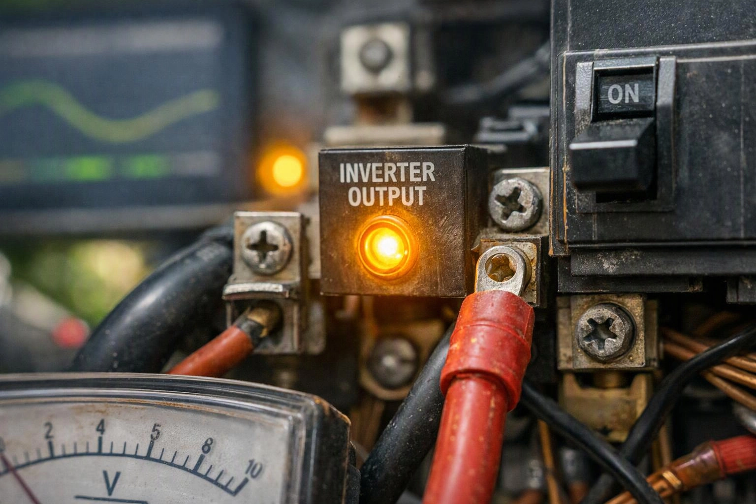 A glowing inverter output light sits among wires, screws, and a switch inside an electrical panel
