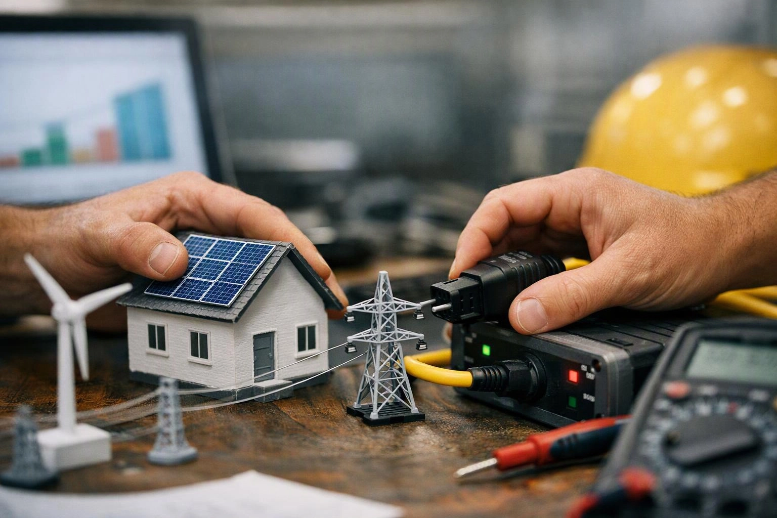 Hands connect a solar-roof model house to power cables beside wind turbine and grid tower miniatures on a desk