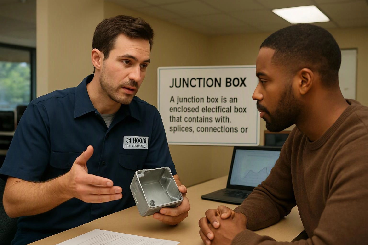 Two men talk at a desk while one holds a metal junction box and points, with a training sign behind them