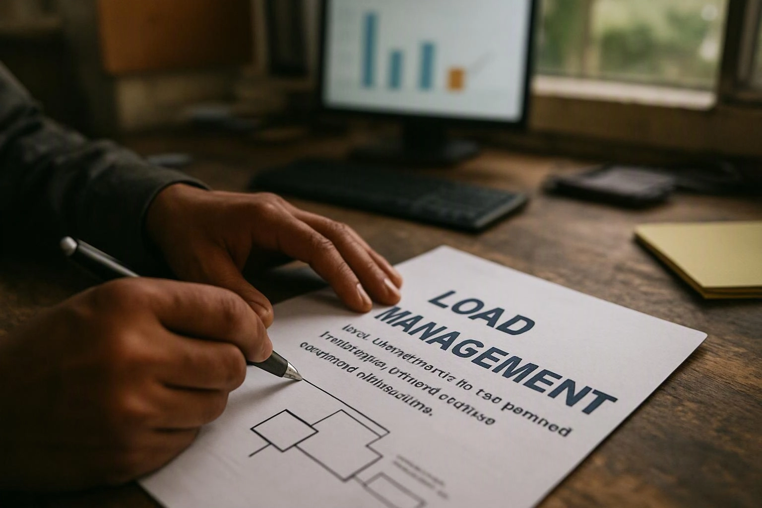 A person writes on a load management form at a desk with a computer screen in the background