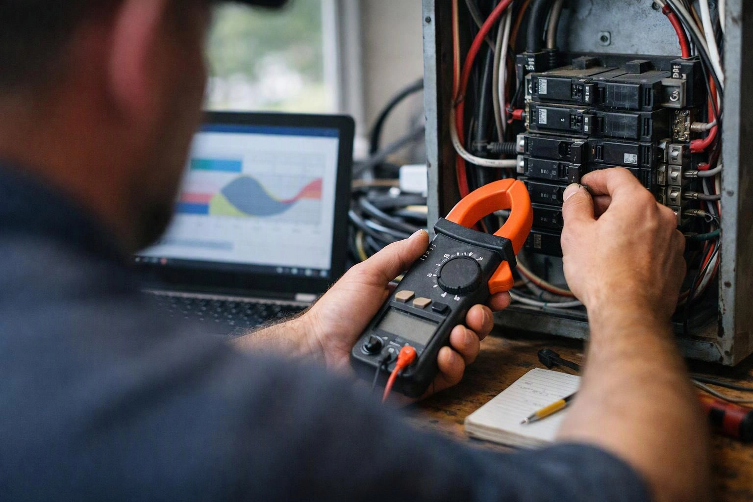 A technician tests electrical breakers with a clamp meter beside a laptop and wiring panel