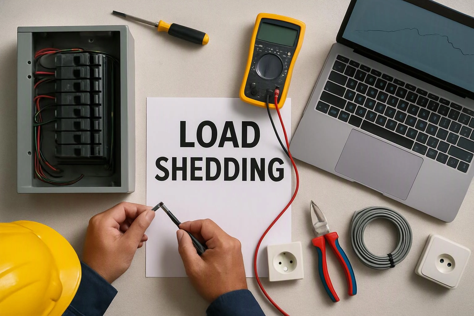 Hands repair wiring around a paper marked LOAD SHEDDING, with tools, a laptop, and an open breaker panel on a table