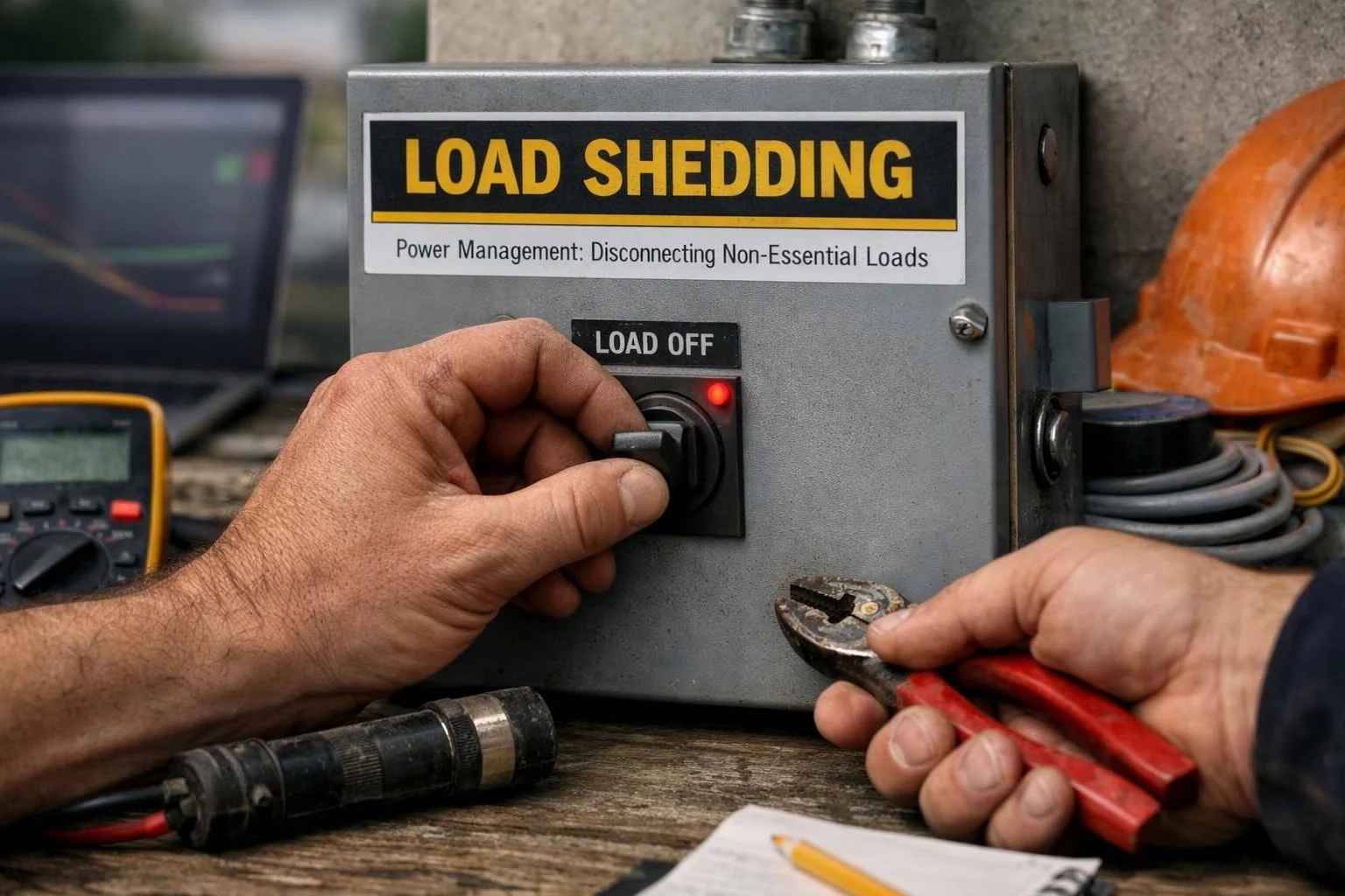A worker flips a load off switch on a gray power box while holding pliers on a workbench with tools around it