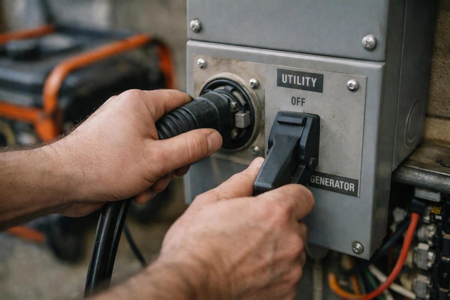 Hands plug a black cable into a metal generator switch box with labels and levers, indoors