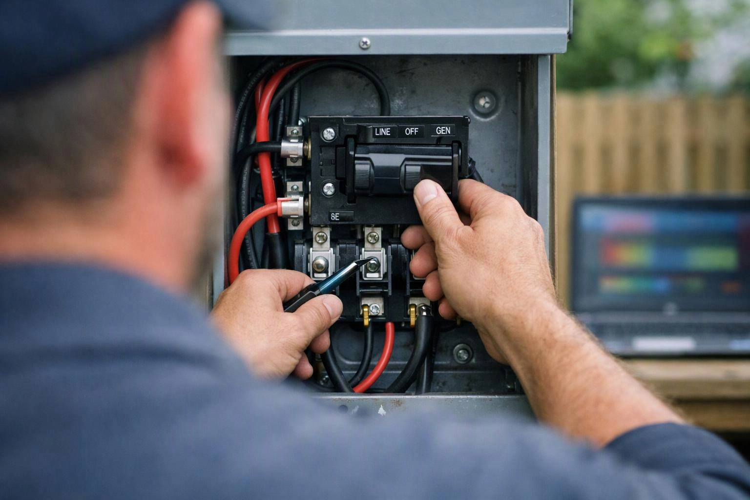 A technician adjusts wiring inside an open electrical panel, with a blurred laptop in the background