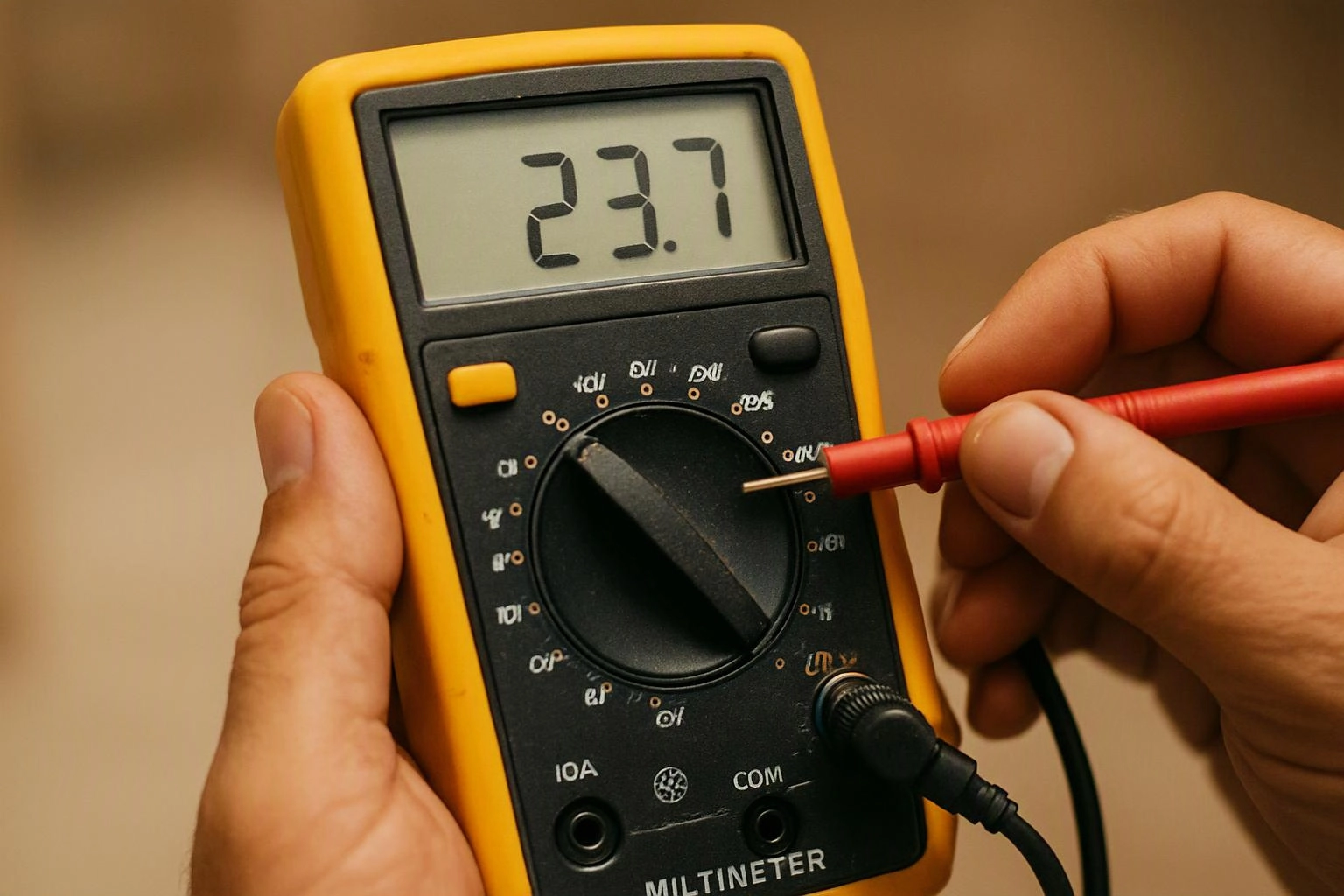 Hands hold a digital multimeter while a red probe points at the dial, showing 23.7 on the screen
