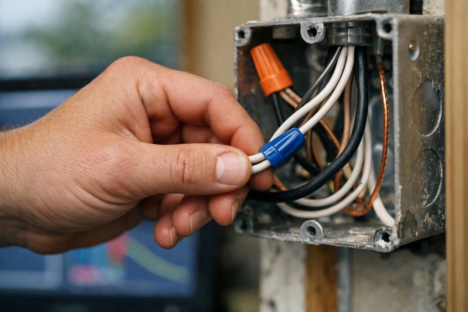 A hand twists white electrical wires with a blue cap inside a metal junction box