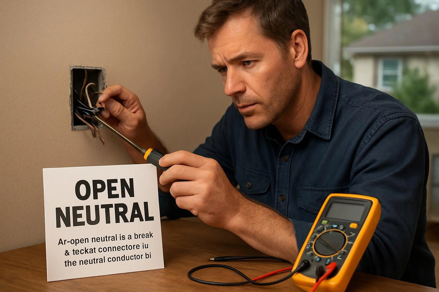 A man checks exposed wall wiring with a screwdriver beside a sign reading "OPEN NEUTRAL" and a multimeter on a table
