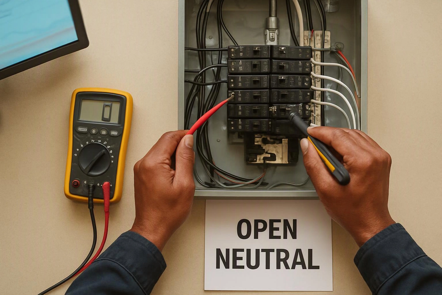 Hands test an open electrical breaker panel beside a multimeter and a sign reading OPEN NEUTRAL