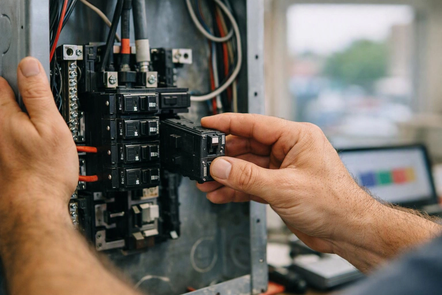Hands adjust circuit breakers inside an open electrical panel with wires and a blurred laptop in the background