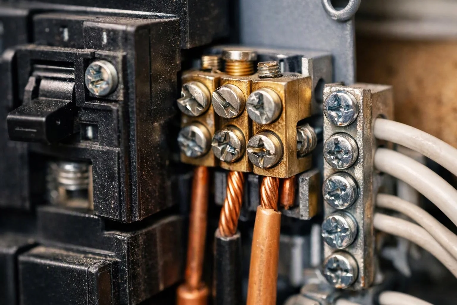Close-up of electrical wiring with copper cables, screw terminals, and a black circuit breaker inside a panel