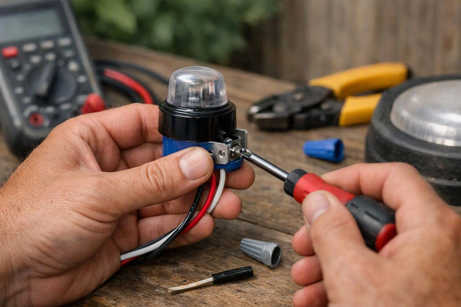 Hands tighten a small wired device while a screwdriver adjusts a screw on a wooden workbench