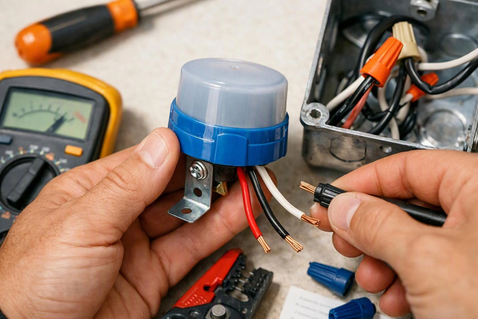 Hands connect exposed wires to a blue electrical component beside a meter and wire box on a workbench