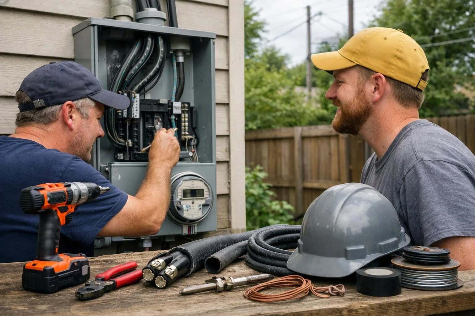 Two electricians work on an open outdoor electrical panel beside a house, with tools and cables on a wooden table