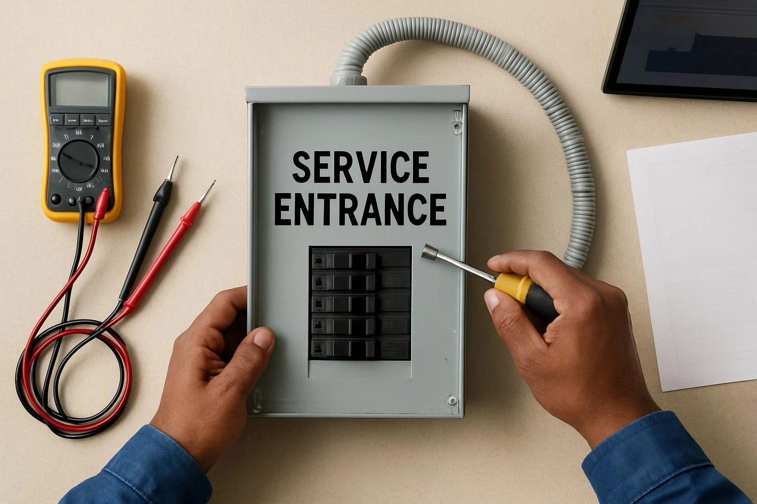 Hands hold a screwdriver and a breaker box labeled SERVICE ENTRANCE beside a multimeter and test leads