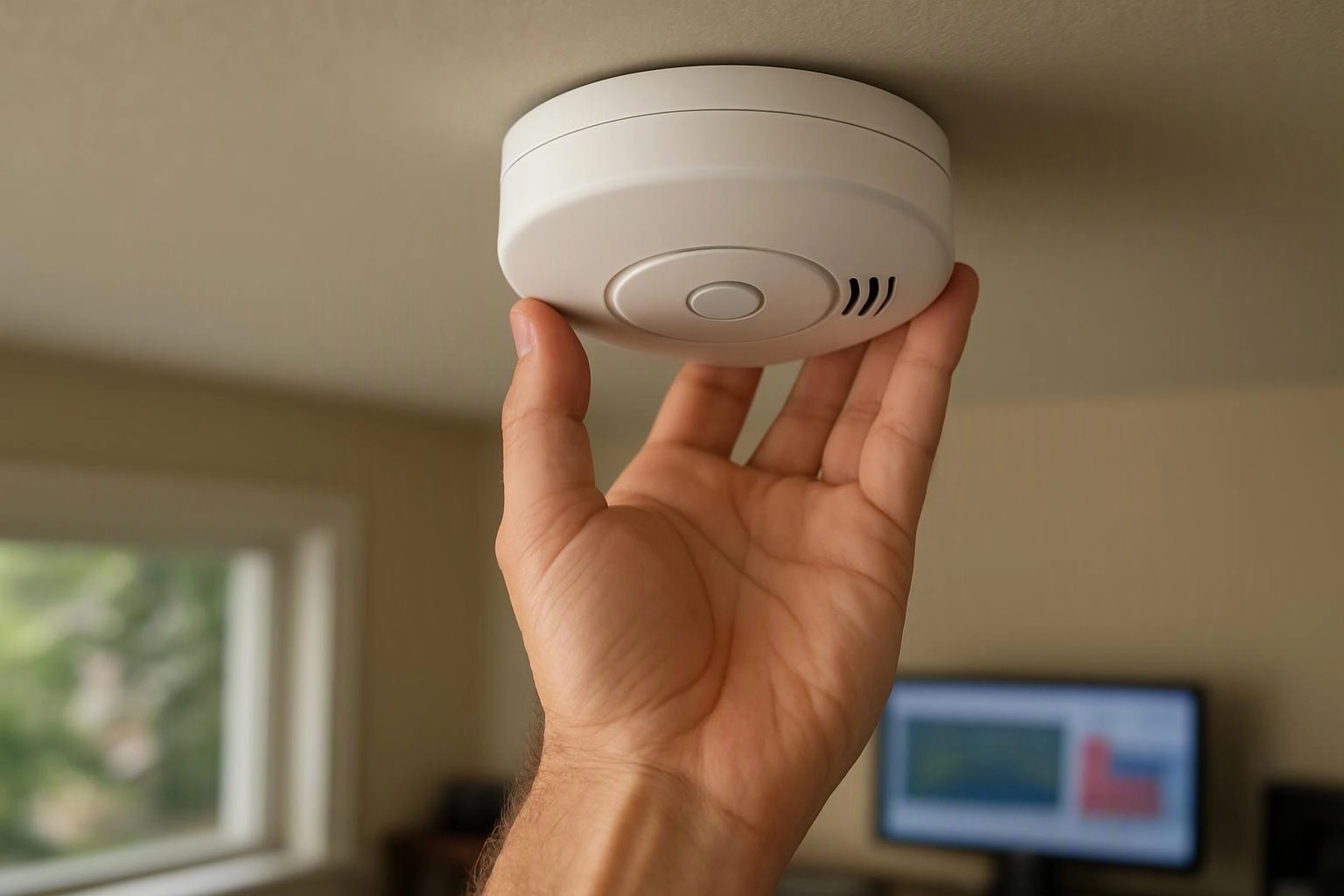 A hand reaches up to test a white ceiling smoke detector in a room with a window and monitor