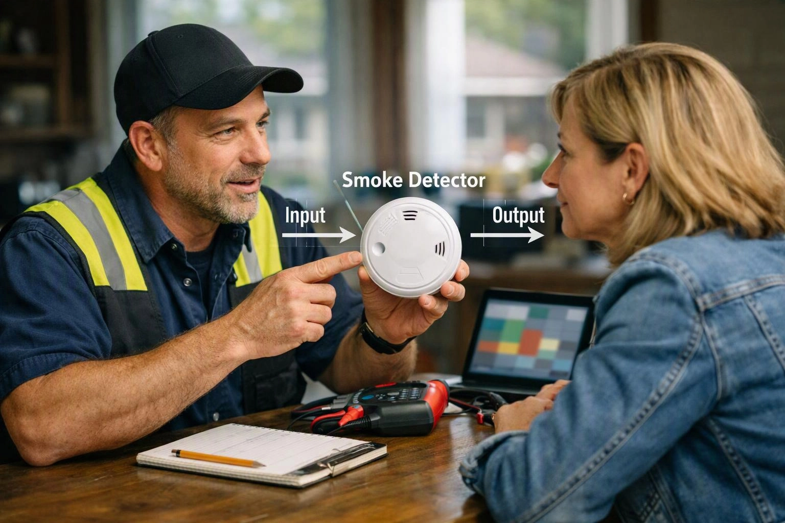 A technician shows a smoke detector to a woman at a table with tools and a laptop, with labels overlaid on the image
