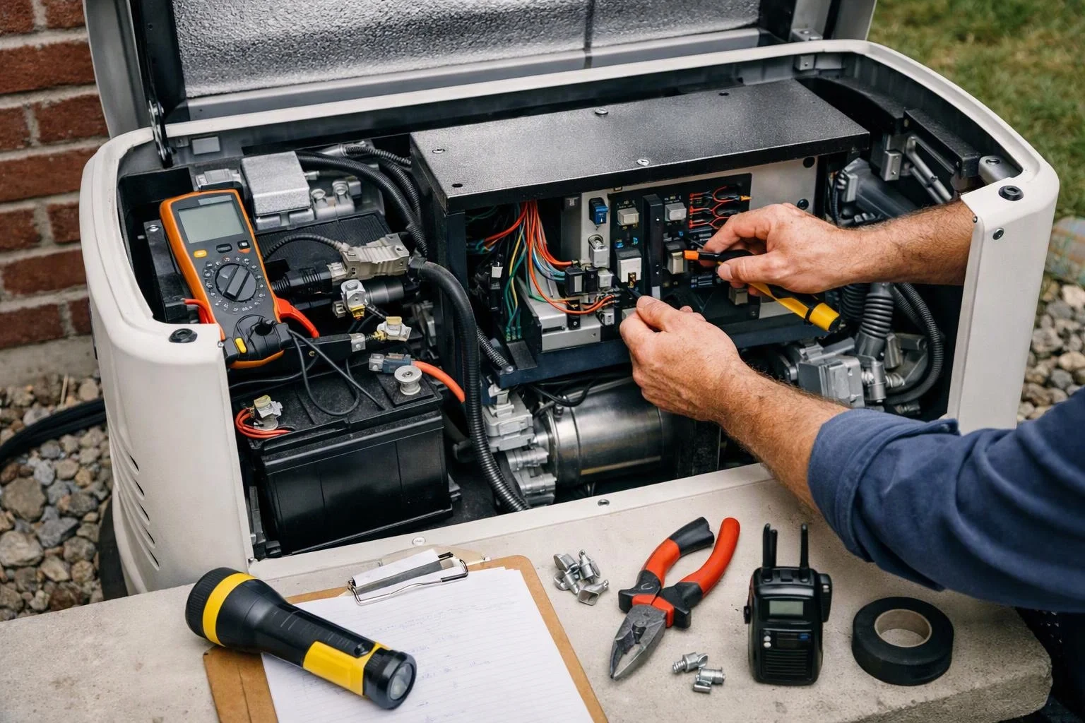 A technician uses a multimeter to inspect wiring inside an open electrical generator cabinet outdoors