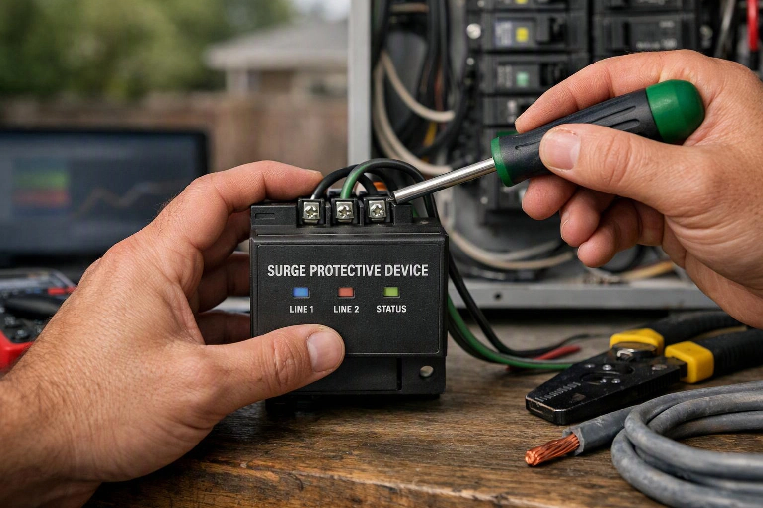 Hands use a screwdriver to wire a surge protective device on a wooden workbench with tools nearby