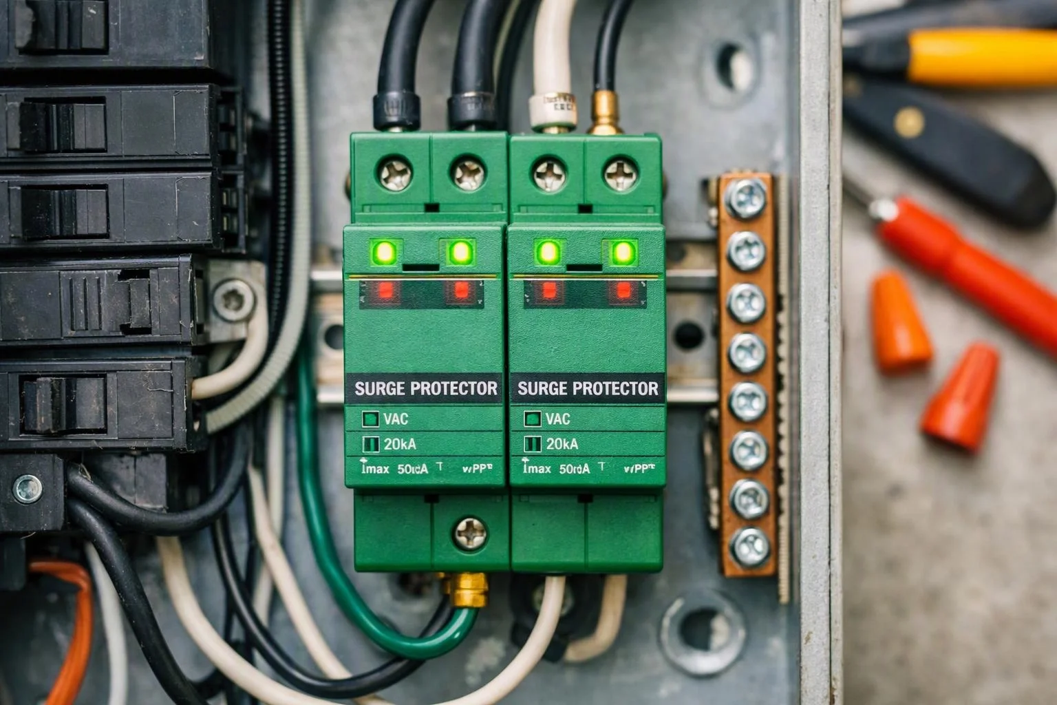 Two green surge protector modules with glowing indicator lights are wired inside an electrical panel casing