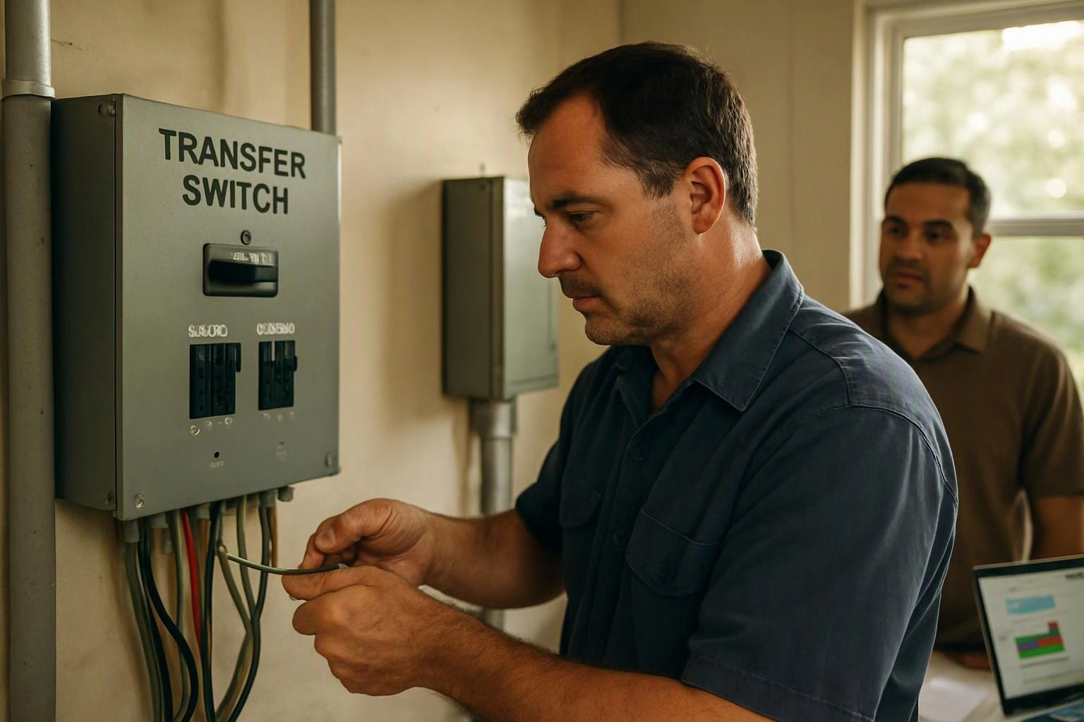 A man wires a transfer switch panel while another man watches in a bright utility room