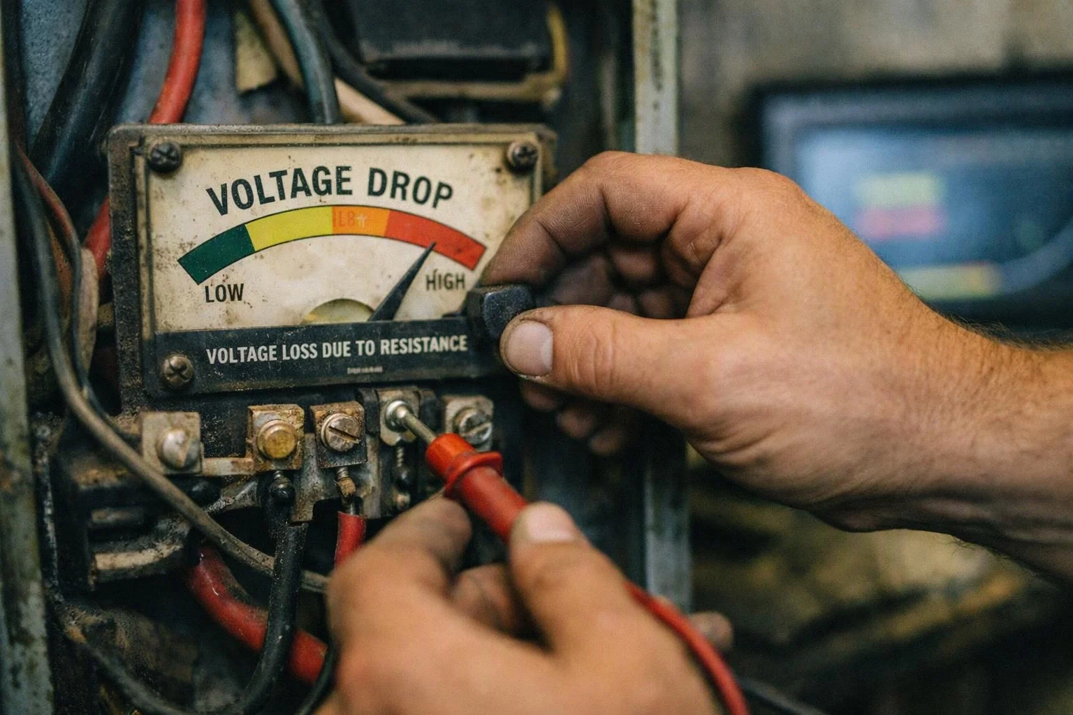 Hands adjust a voltage drop meter with red test leads inside a wiring panel