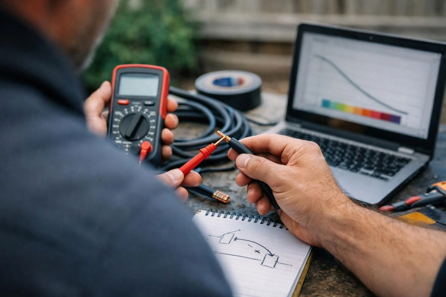 A person holds multimeter probes beside a laptop, wires, tape, and a notebook with a circuit sketch