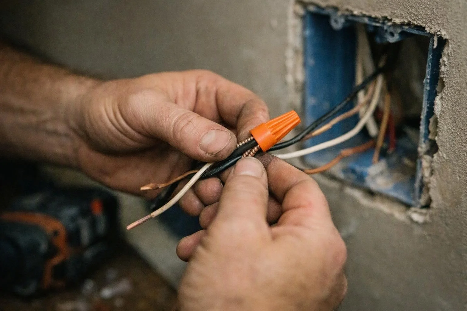 Hands connect electrical wires inside a wall opening with an orange wire nut