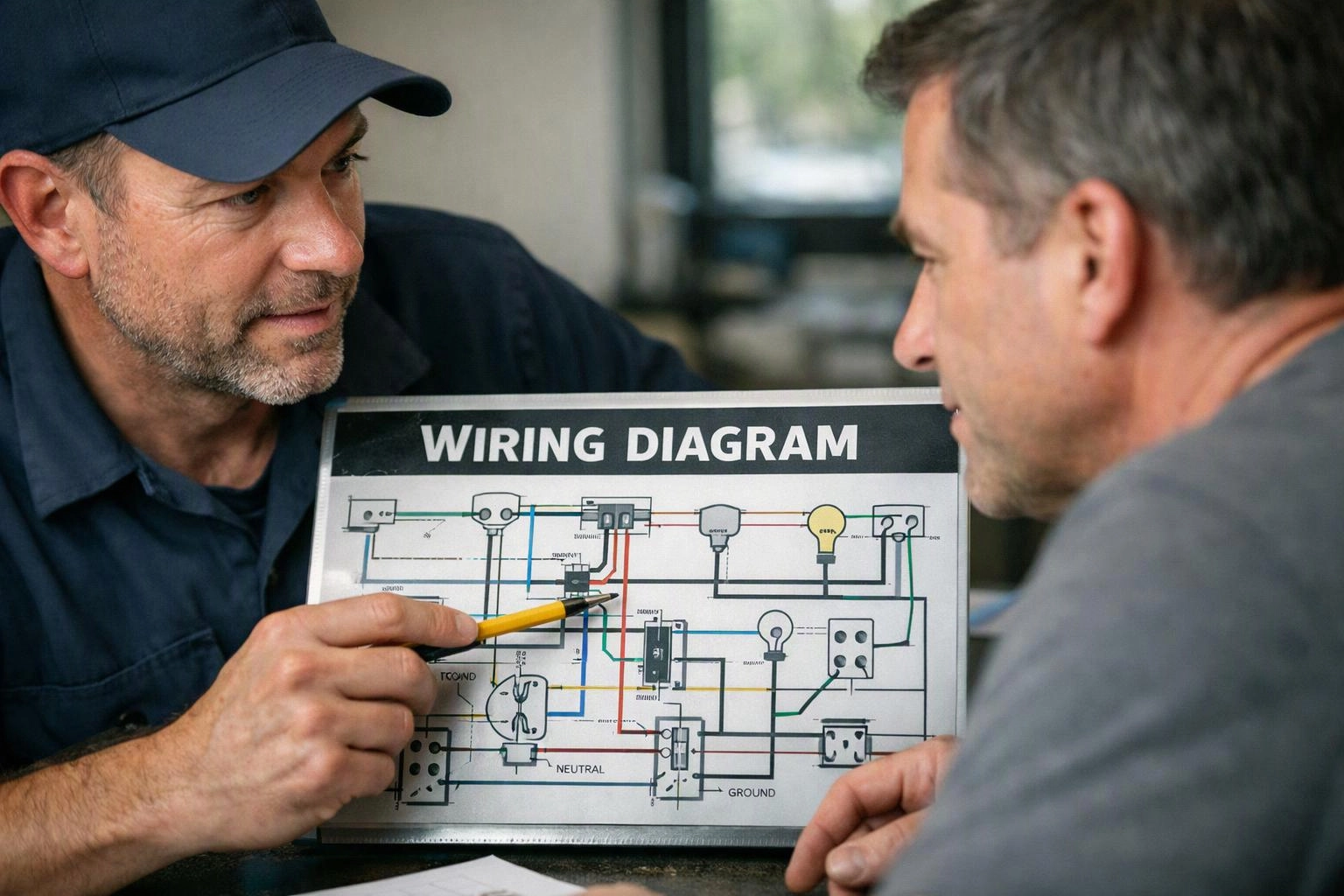 Two men study a wiring diagram, with one pointing at the sheet using a yellow pencil in a workshop setting