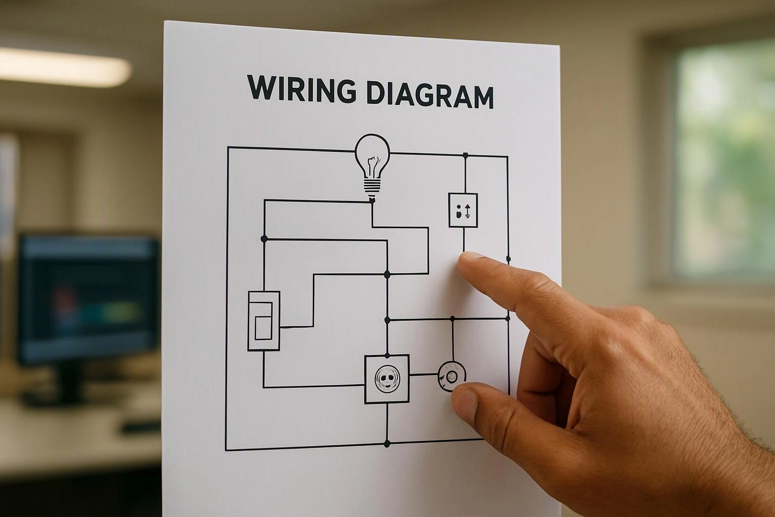 A hand points at a wiring diagram on a white sheet in an office setting