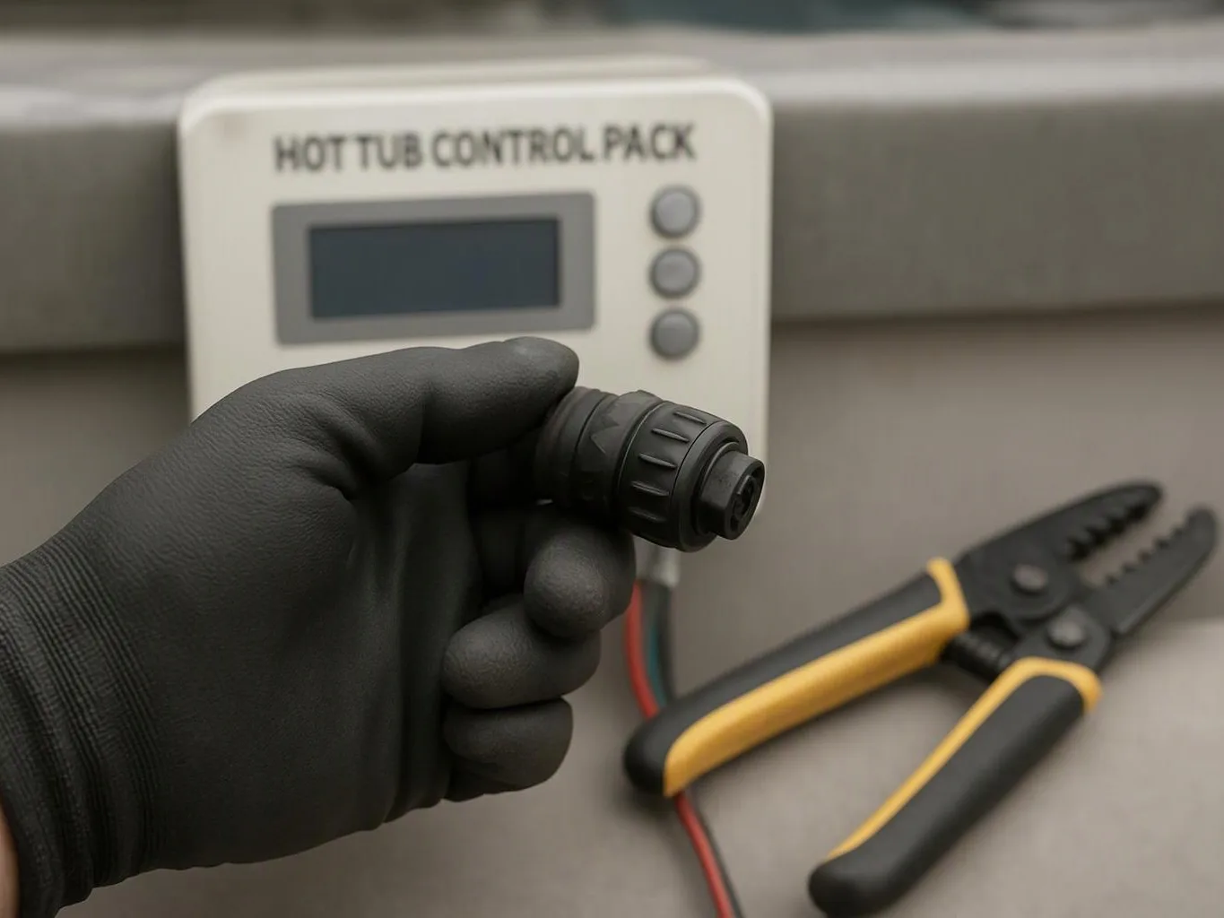 A gloved hand holds a black cable connector in front of a hot tub control pack with pliers nearby