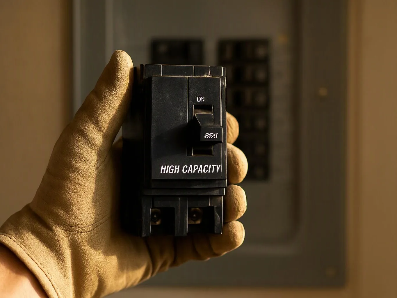 A gloved hand holds a black circuit breaker labeled “HIGH CAPACITY” in front of an electrical panel