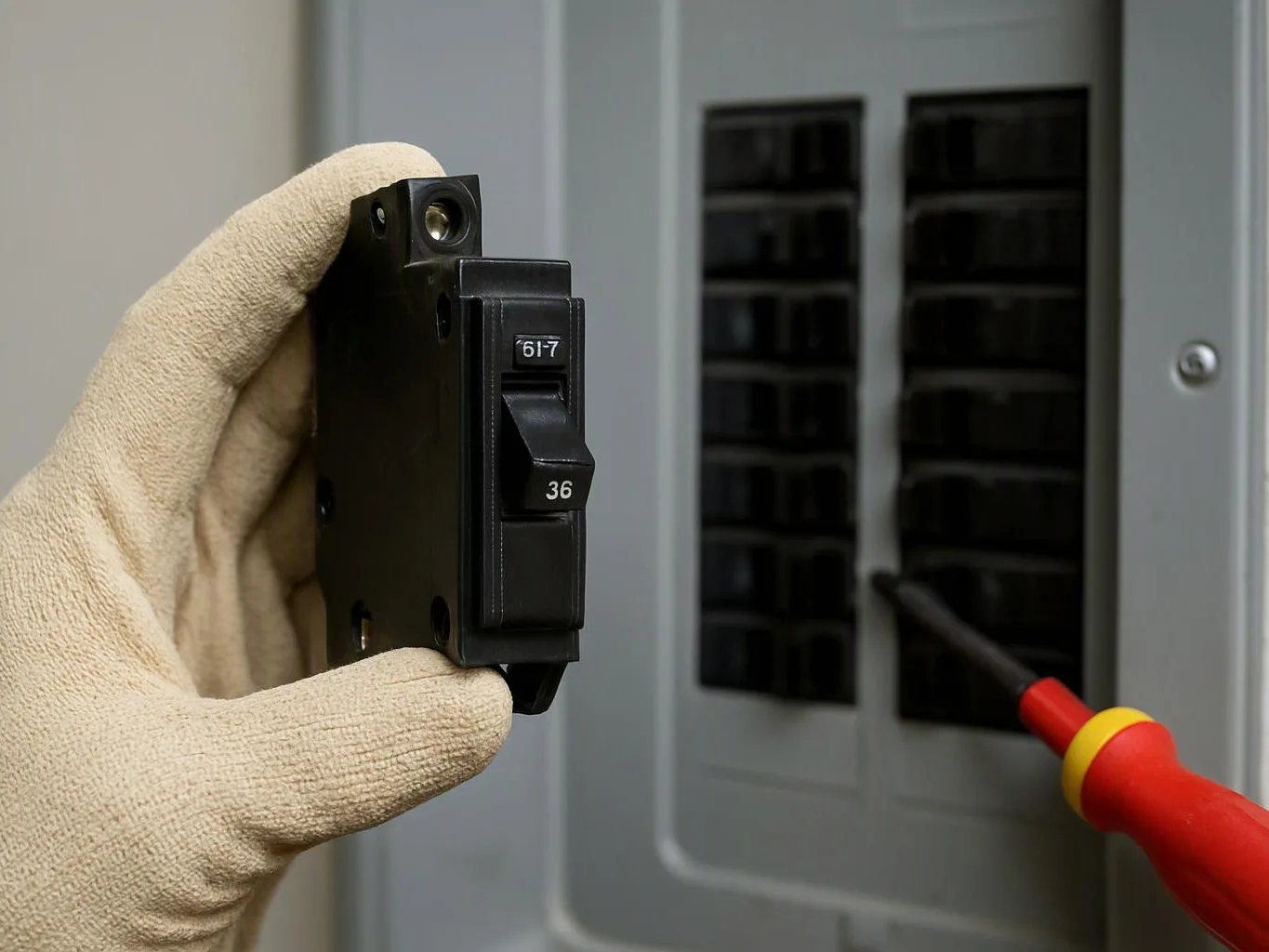 A gloved hand holds a black circuit breaker, while a red-handled screwdriver points at an electrical panel