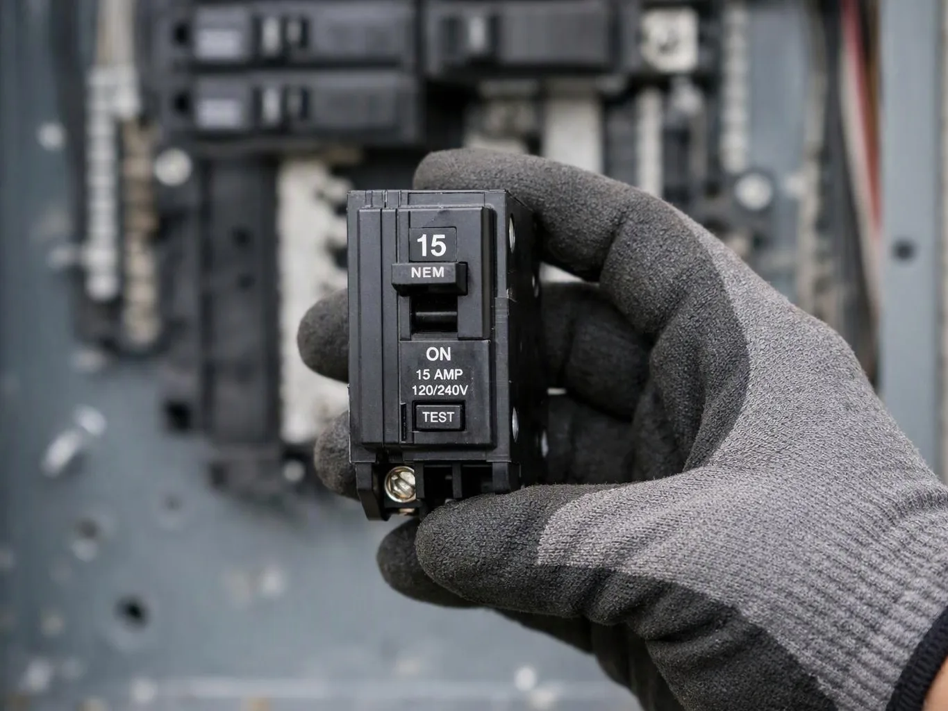 A gloved hand holds a black electrical circuit breaker in front of an open panel box
